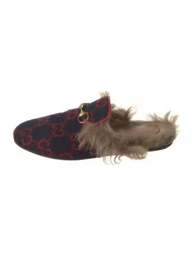 Pre-owned Gucci Horsebit Accent Graphic Print Slippers In Blue
