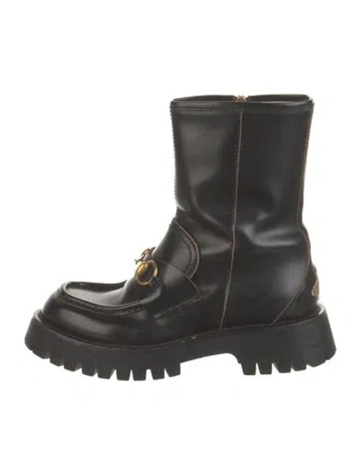 Pre-owned Gucci Horsebit Accent Leather Combat Boots In Black
