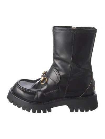 Pre-owned Gucci Horsebit Accent Leather Combat Boots In Black