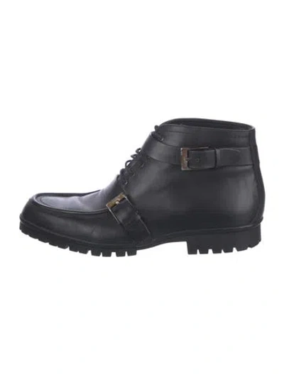 Pre-owned Gucci Horsebit Accent Leather Lace-up Boots In Black
