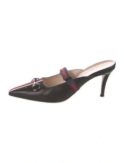 Pre-owned Gucci Horsebit Accent Leather Mules In Black