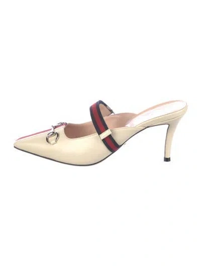 Pre-owned Gucci Horsebit Accent Leather Mules In Neutral
