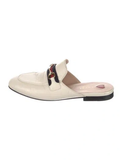 Pre-owned Gucci Horsebit Accent Leather Mules In White