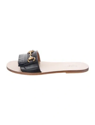 Pre-owned Gucci Horsebit Accent Leather Slides In Black