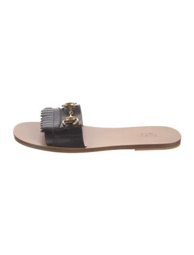 Pre-owned Gucci Horsebit Accent Leather Slides In Black