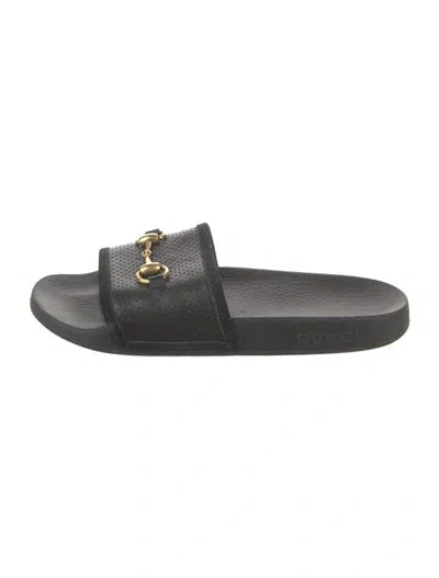 Pre-owned Gucci Horsebit Accent Leather Slides In Black
