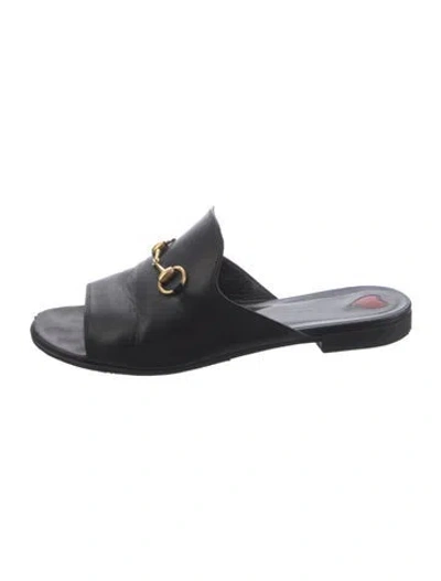 Pre-owned Gucci Horsebit Accent Leather Slides In Black