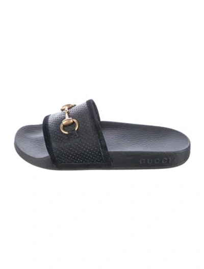 Pre-owned Gucci Horsebit Accent Leather Slides In Black