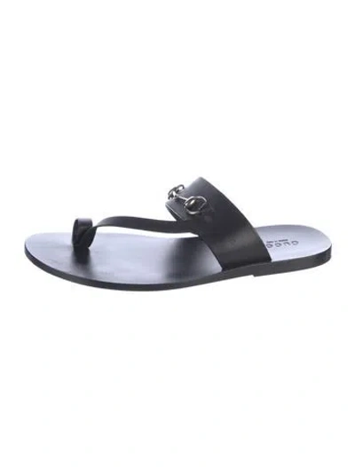 Pre-owned Gucci Horsebit Accent Leather Slides In Black