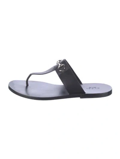 Pre-owned Gucci Horsebit Accent Leather Slides In Black