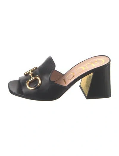 Pre-owned Gucci Horsebit Accent Leather Slides In Black