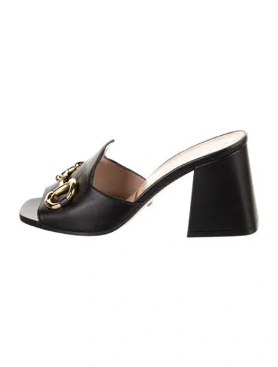 Pre-owned Gucci Horsebit Accent Leather Slides In Black