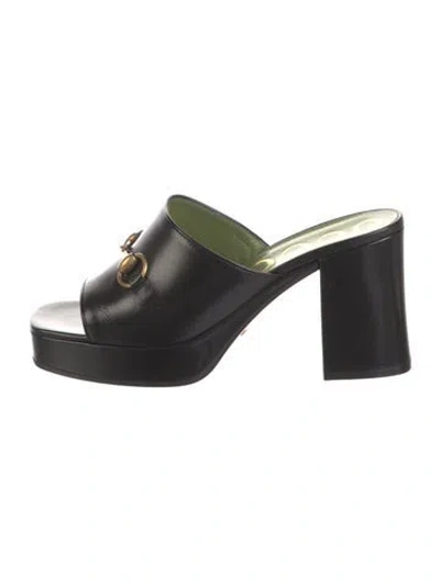 Pre-owned Gucci Horsebit Accent Leather Slides In Black