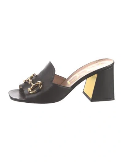 Pre-owned Gucci Horsebit Accent Leather Slides In Black