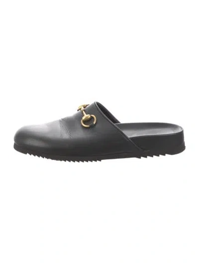 Pre-owned Gucci Horsebit Accent Leather Slides In Black
