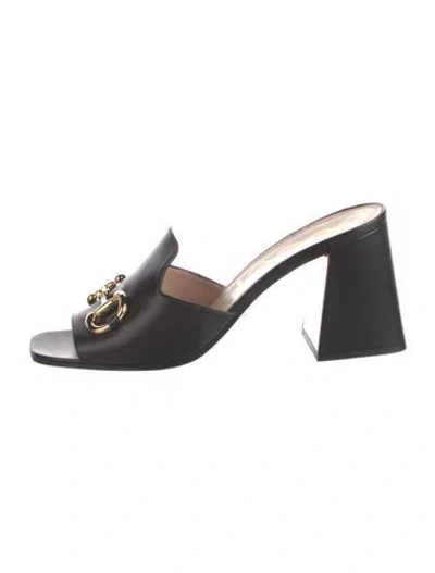 Pre-owned Gucci Horsebit Accent Leather Slides In Black