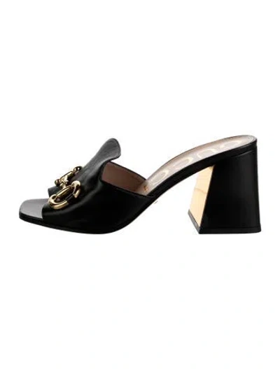 Pre-owned Gucci Horsebit Accent Leather Slides In Black