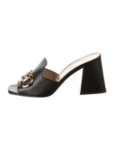 Pre-owned Gucci Horsebit Accent Leather Slides In Black