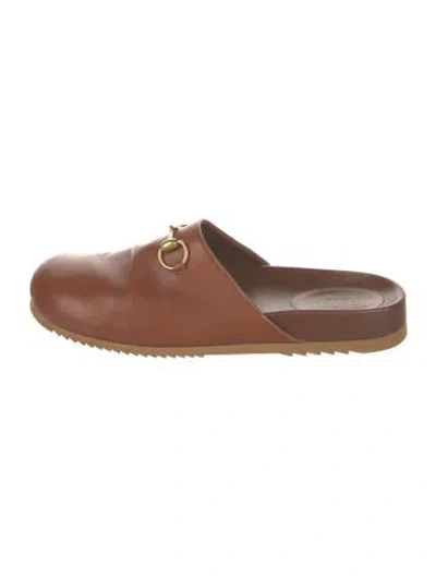 Pre-owned Gucci Horsebit Accent Leather Slides In Brown
