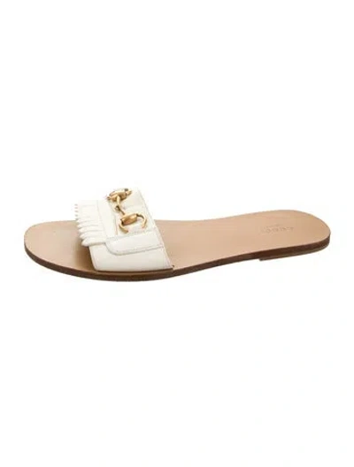 Pre-owned Gucci Horsebit Accent Leather Slides In White