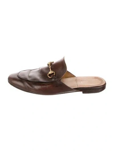 Pre-owned Gucci Horsebit Accent Leather Slippers In Brown