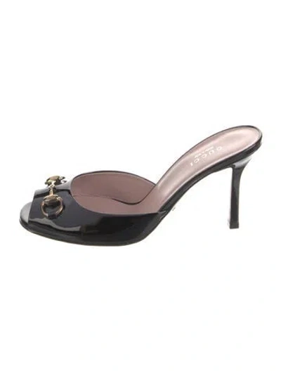 Pre-owned Gucci Horsebit Accent Patent Leather Slides In Black