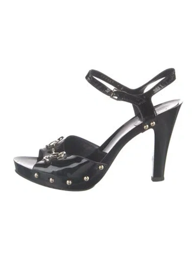 Pre-owned Gucci Horsebit Accent Patent Leather Slingback Sandals In Black