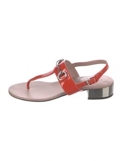 Pre-owned Gucci Kids' Horsebit Accent Patent Leather T-strap Sandals In Orange