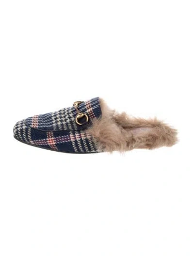 Pre-owned Gucci Horsebit Accent Plaid Print Mules In Blue
