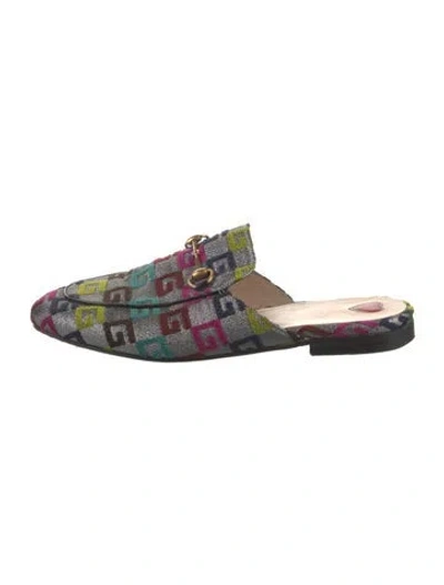 Pre-owned Gucci Horsebit Accent Printed Mules In Silver