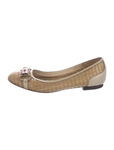 Pre-owned Gucci Horsebit Accent Raffia Ballet Flats In Neutral