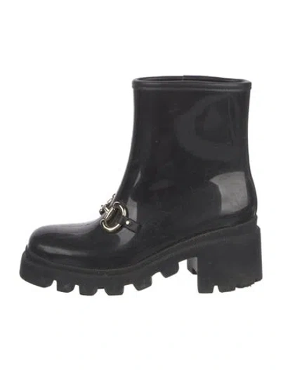 Pre-owned Gucci Horsebit Accent Rubber Rain Boots In Black