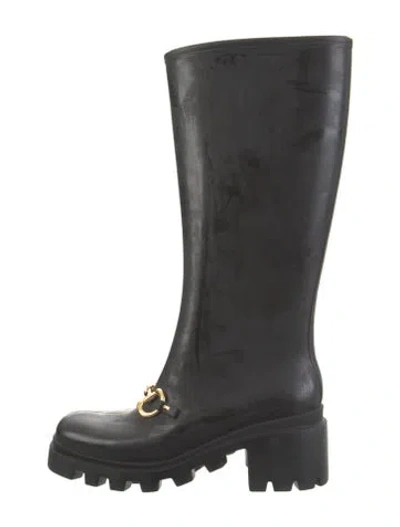 Pre-owned Gucci Horsebit Accent Rubber Rain Boots In Black