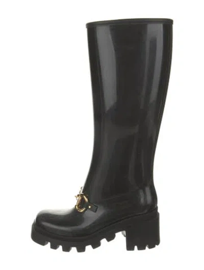 Pre-owned Gucci Horsebit Accent Rubber Rain Boots In Black