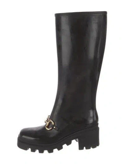 Pre-owned Gucci Horsebit Accent Rubber Rain Boots In Black
