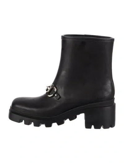 Pre-owned Gucci Horsebit Accent Rubber Rain Boots In Black