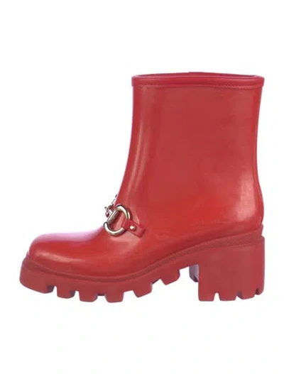 Pre-owned Gucci Horsebit Accent Rubber Rain Boots In Red
