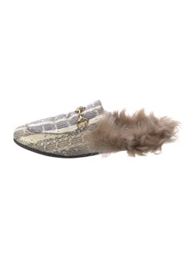 Pre-owned Gucci Horsebit Accent Snakeskin Mules In White