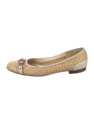 Pre-owned Gucci Horsebit Accent Straw Ballet Flats In Neutral