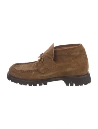Pre-owned Gucci Horsebit Accent Suede Lace-up Boots In Brown