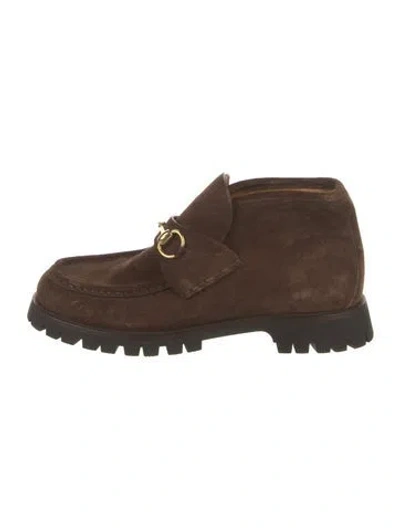 Pre-owned Gucci Horsebit Accent Suede Lace-up Boots In Brown