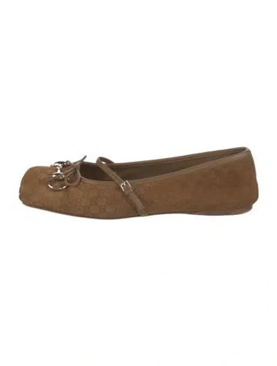 Pre-owned Gucci Horsebit Accent Suede Mary Jane Flats In Brown