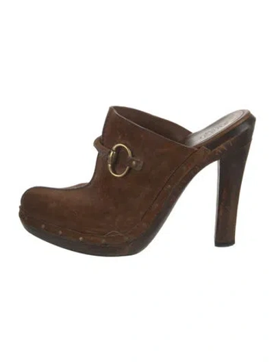 Pre-owned Gucci Horsebit Accent Suede Mules In Brown