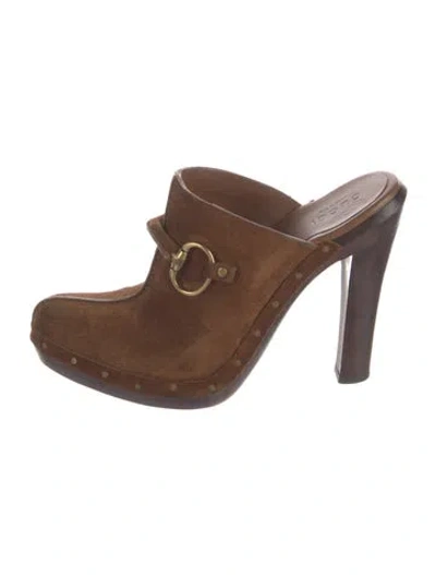 Pre-owned Gucci Horsebit Accent Suede Mules In Brown