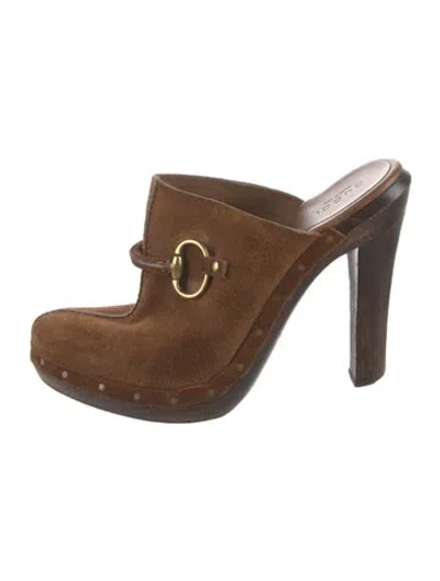 Pre-owned Gucci Horsebit Accent Suede Mules In Brown