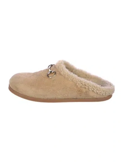 Pre-owned Gucci Horsebit Accent Suede Mules In Neutral