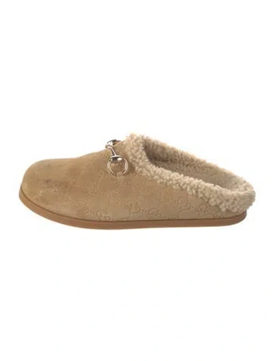 Pre-owned Gucci Horsebit Accent Suede Slippers In Neutrals
