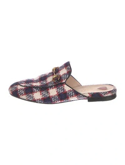 Pre-owned Gucci Horsebit Accent Tweed Mules In Blue
