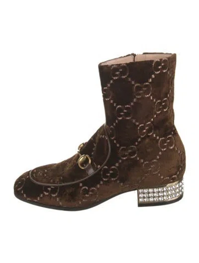Pre-owned Gucci Horsebit Accent Velvet Combat Boots In Brown