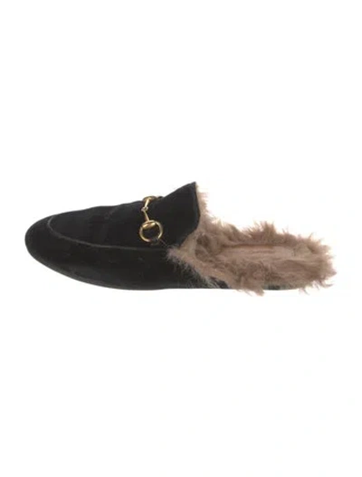 Pre-owned Gucci Horsebit Accent Velvet Mules In Black